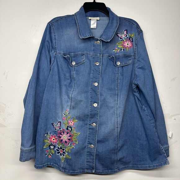 Alfred Dunner Women’s Light Wash Denim Jacket Floral Butterfly Embroidered 1X - Picture 1 of 14